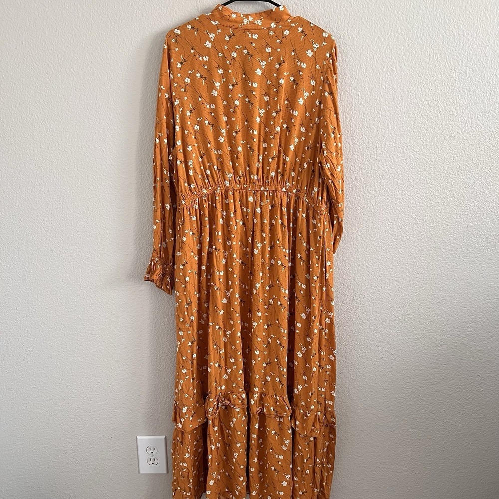 1X XL Floral Maxi Tiered Dress Cottagecore Boho Prairie Bow Ruffles Yellow - Picture 11 of 12